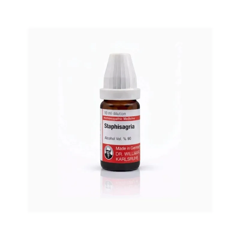 Staphisagria 10ml homeopathic dilutions and mother tincture bottle or pack on white background