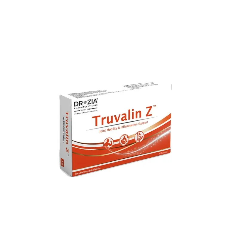 Truvalin Z Capsules by Dr Zia Pharma, product pack centered on a white background
