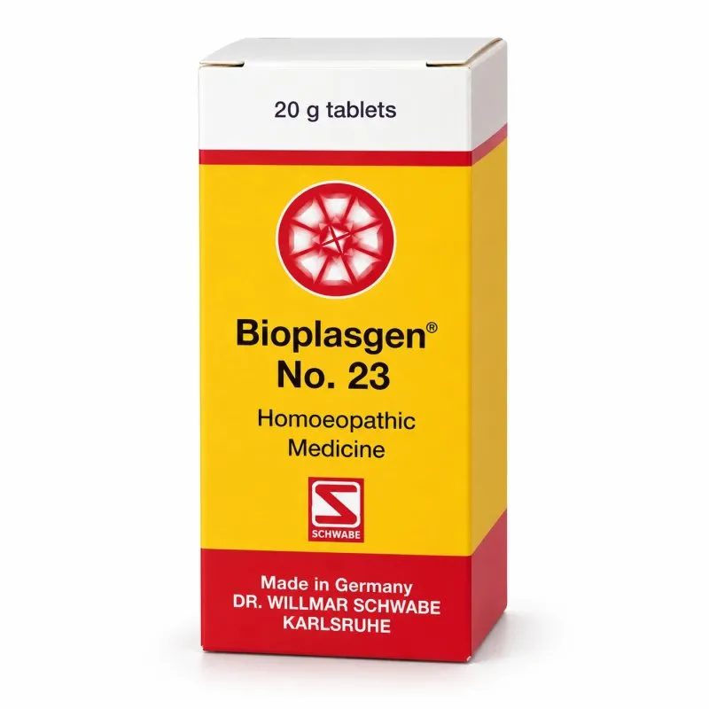 Bioplasgen No. 23 20g homeopathic combination tablets by Dr. Willmar Schwabe on a pure white studio background