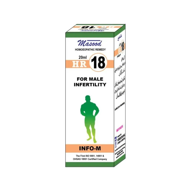 Dr. Masood HR-18 Info-M homeopathic drops 20 ml product package on a white background