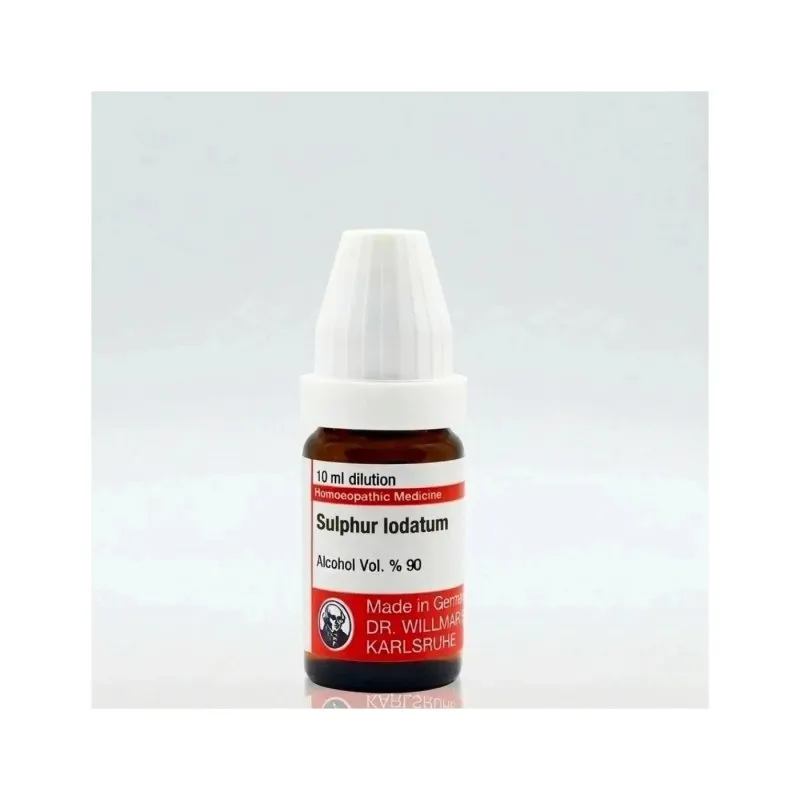 Sulphur Iodatum 10ml liquid homeopathic dilution bottle or pack on white background