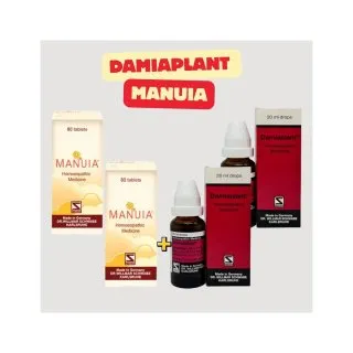 Damiaplant + Manuia Power Course as shown on the label homeopathic product bottle or pack on white background