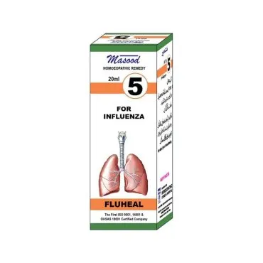 Dr. Masood HR-05 Fluheal homeopathic drops 20 ml product package on a white background