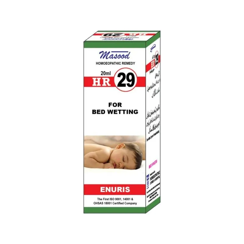 Dr. Masood HR-29 Enuris homeopathic drops 20 ml product package on a white background
