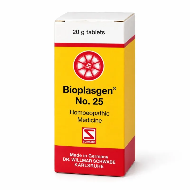Bioplasgen No. 25 20g homeopathic combination tablets by Dr. Willmar Schwabe on a pure white studio background