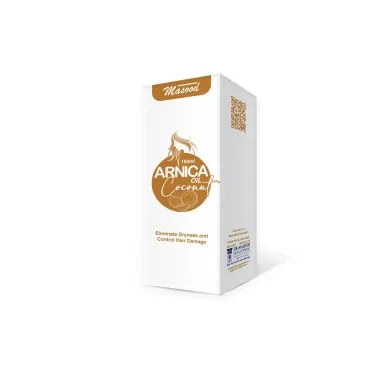 Arnica Coconut Hair Oil 150 ml by Dr. Masood, original carton on a white background