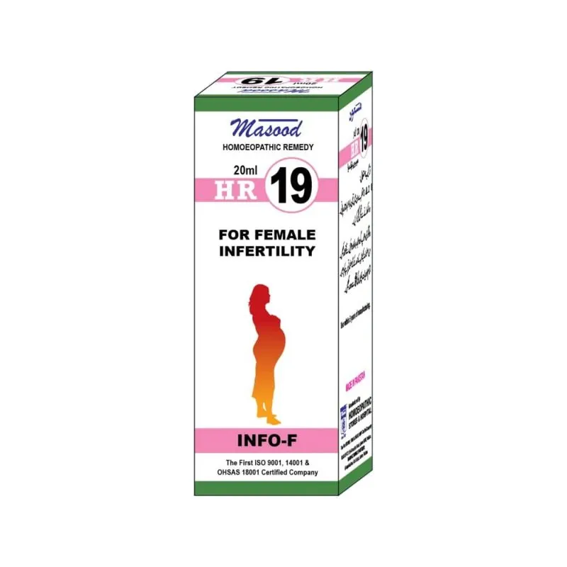 Dr. Masood HR-19 Info-F homeopathic drops 20 ml product package on a white background