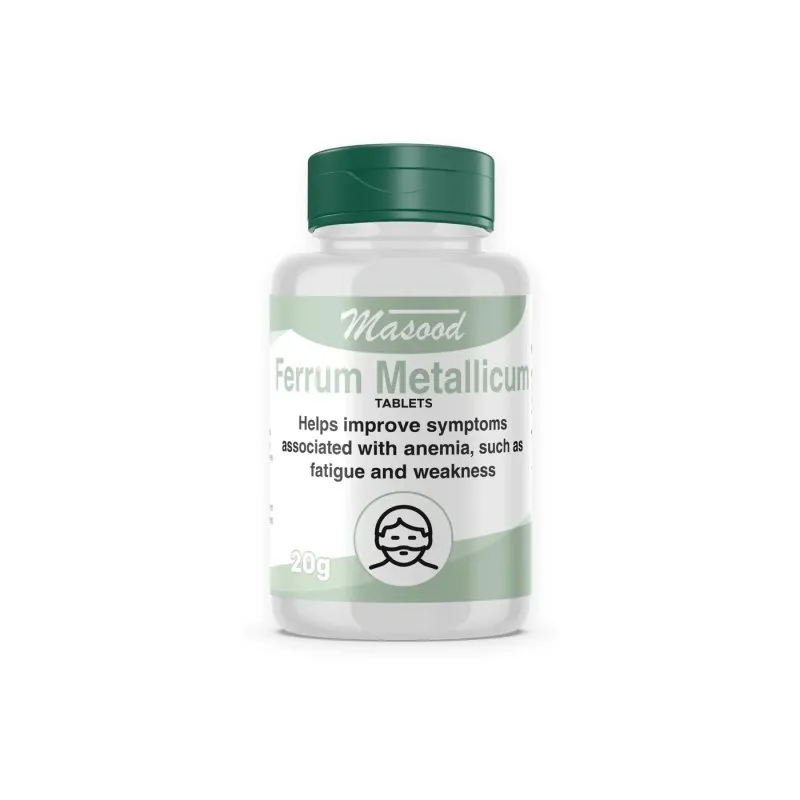 Ferrum Metallicum Tablets by Dr. Masood, original bottle on a white background