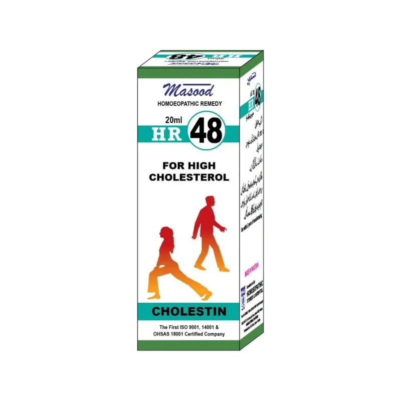 Dr. Masood HR-48 Cholestin homeopathic drops 20 ml product package on a white background