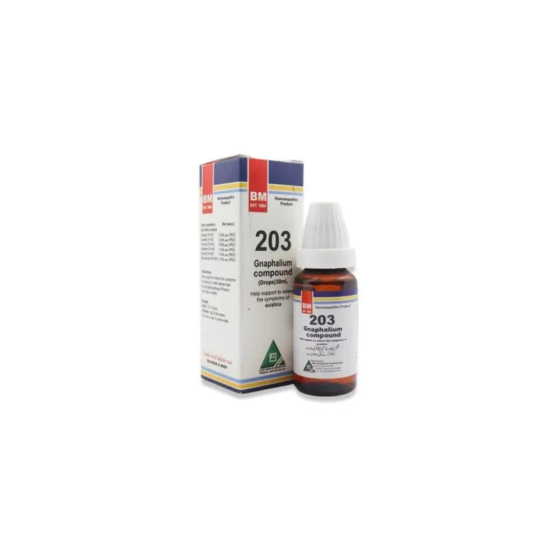 BM 203 Drops homeopathic drops by BM Homoeopathic Pharmaceuticals on a pure white background