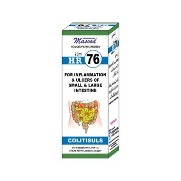 Dr. Masood HR-76 Colitisuls homeopathic drops 20 ml product package on a white background