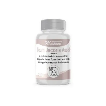 Oleum Jacoris Aselli Tablets by Dr. Masood, original bottle on a white background