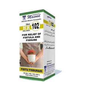 Dr. Masood HR-102 Fistu Fissraid homeopathic drops 20 ml product package on a white background