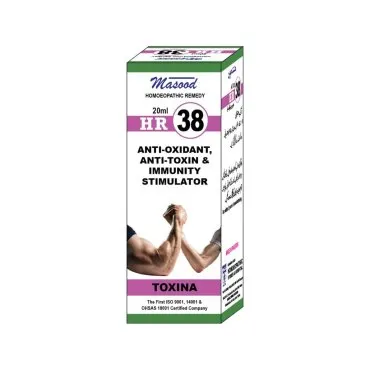 Dr. Masood HR-38 Toxina homeopathic drops 20 ml product package on a white background
