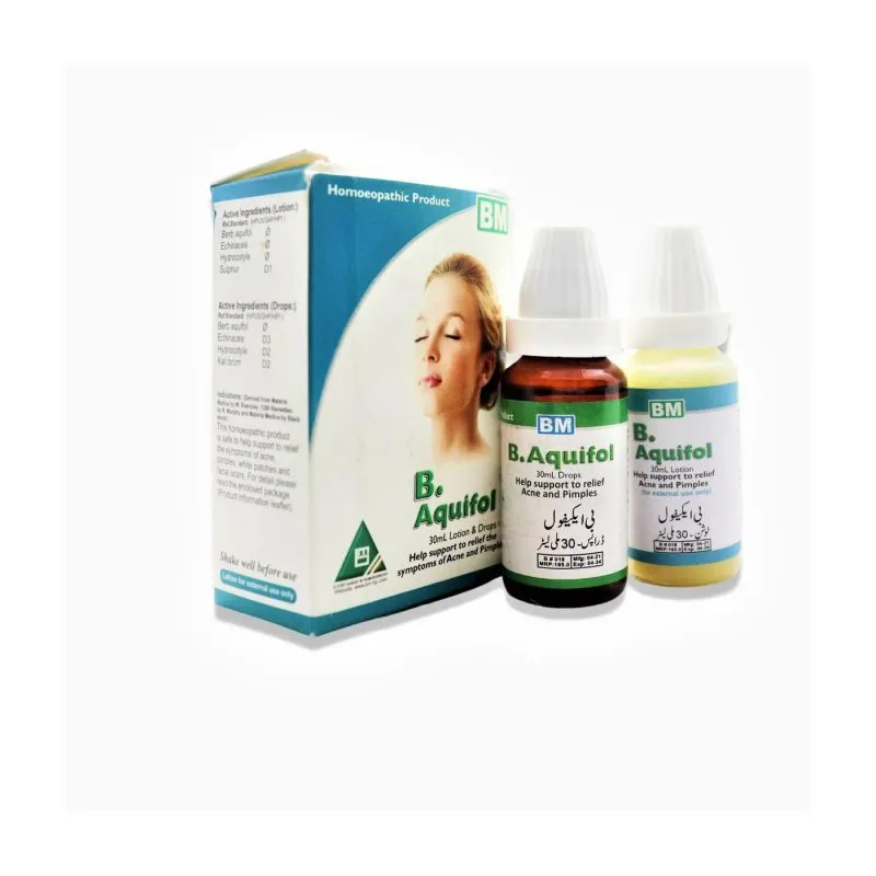 BM B.Aquifol Drops and Lotion homeopathic product in multiple formats on a pure white background