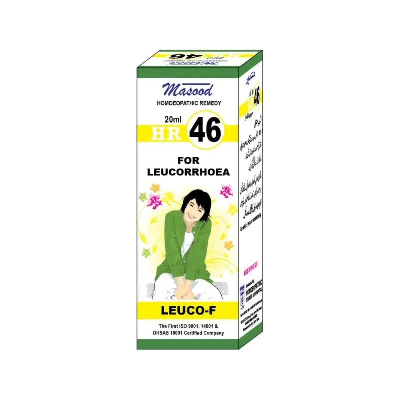 Dr. Masood HR-46 Leuco-F homeopathic drops 20 ml product package on a white background
