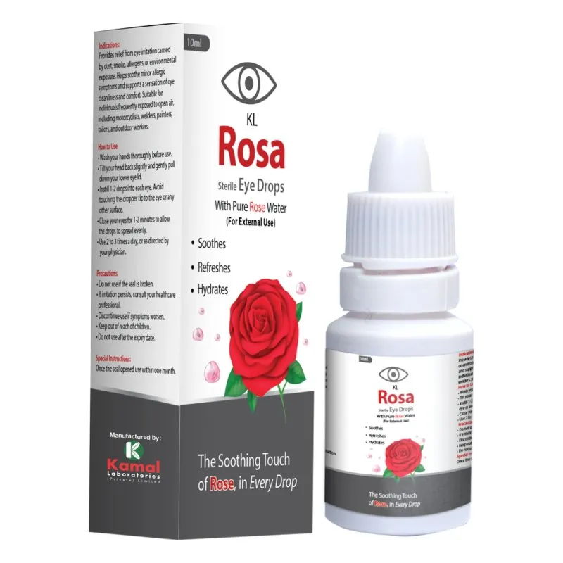 KL Rosa Eye Drops (Sterile) 10 ml, Kamal Laboratories product pack on a white background