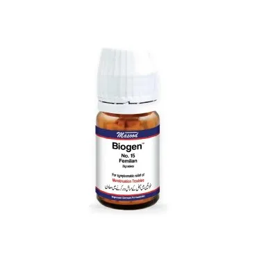 Biogen 15 Femilan 20 g tablets by Dr. Masood on a white background