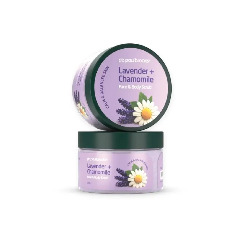 Lavender + Chamomile Face and Body Scrub by Paul Brooks, product pack on a white background