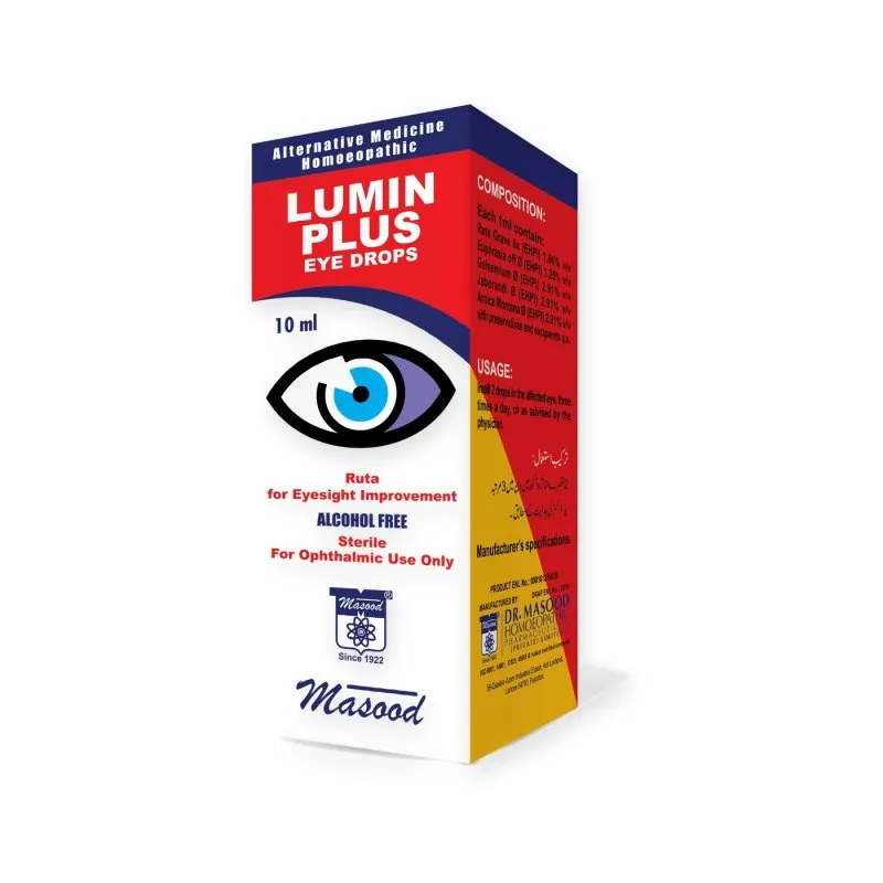 Lumin Plus Eye Drops by Dr. Masood, original product packaging on a white background