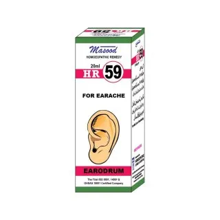 Dr. Masood HR-59 Earodrum homeopathic drops 20 ml product package on a white background