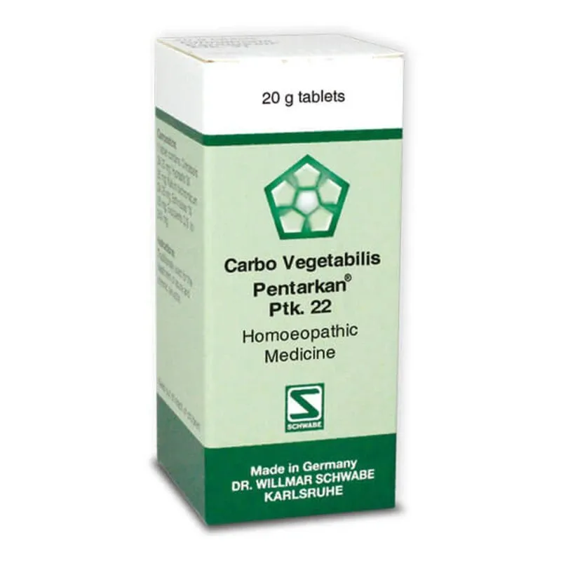 Carbo vegetabilis Pentarkan Ptk. 22 20g Tablets by Dr. Willmar Schwabe, original homeopathic packshot on white background