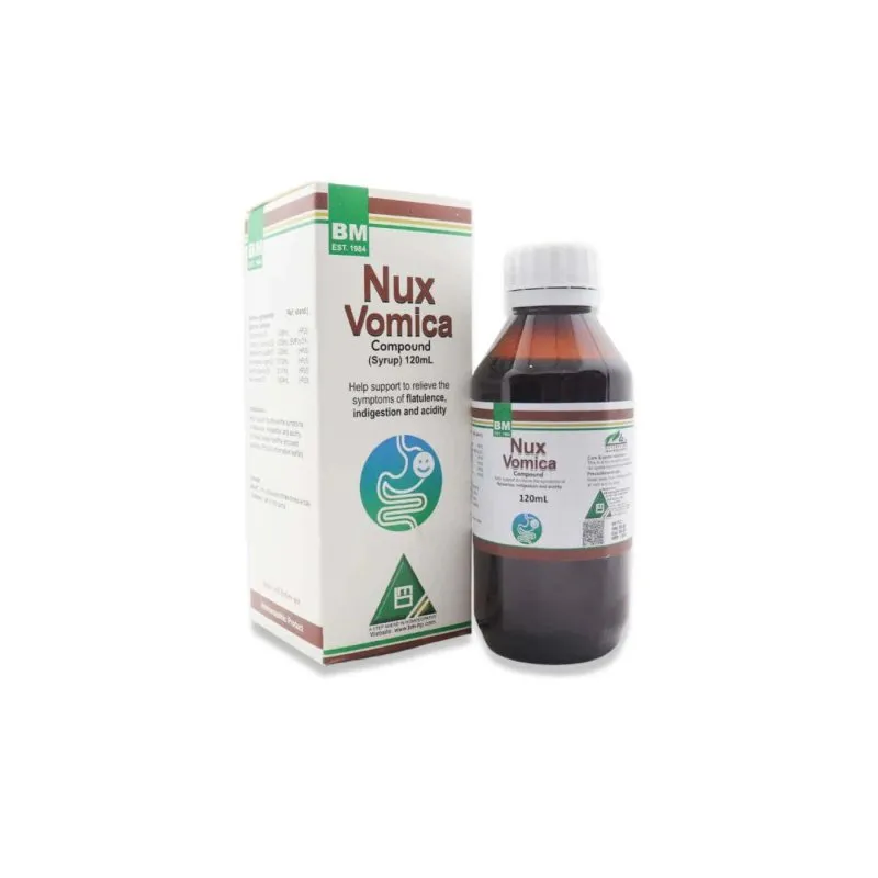 BM Nux-Vomica Compound 120 ml homeopathic product on a pure white background