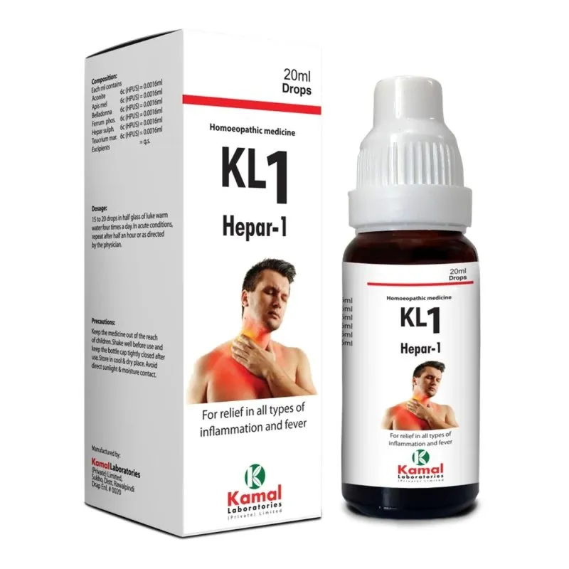 KL 1 Hepar-1 Drops 20 ml, Kamal Laboratories product pack on a white background