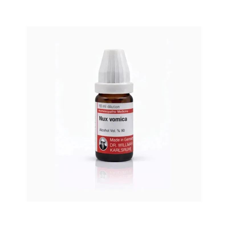 Nux Vomica 10ml homeopathic dilutions and mother tincture bottle or pack on white background