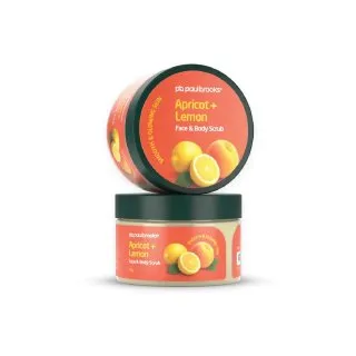 Apricot + Lemon Face & Body Scrub by Paul Brooks, product pack on a white background