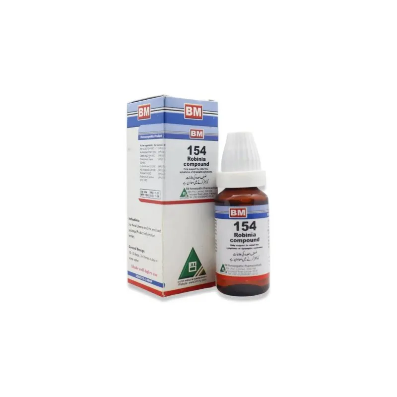 BM 154 Drops homeopathic drops by BM Homoeopathic Pharmaceuticals on a pure white background