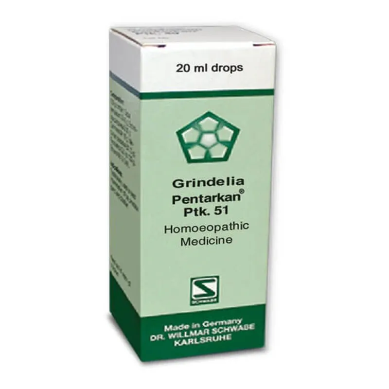 Grindelia Pentarkan Ptk. 51 20ml Drops by Dr. Willmar Schwabe, original homeopathic packshot on white background
