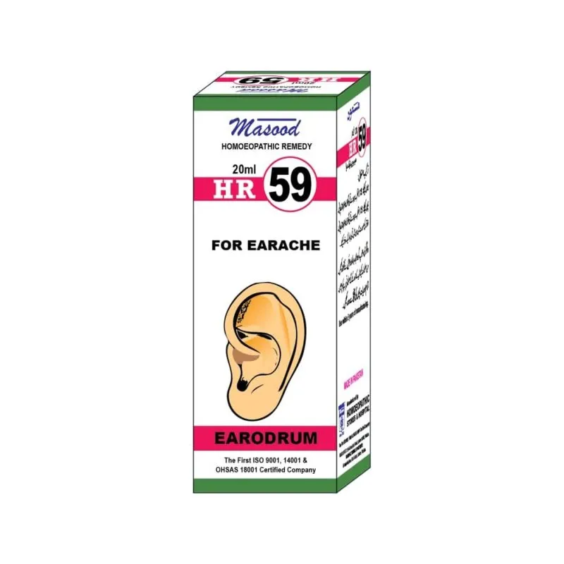 Dr. Masood HR-59 Earodrum homeopathic drops 20 ml product package on a white background