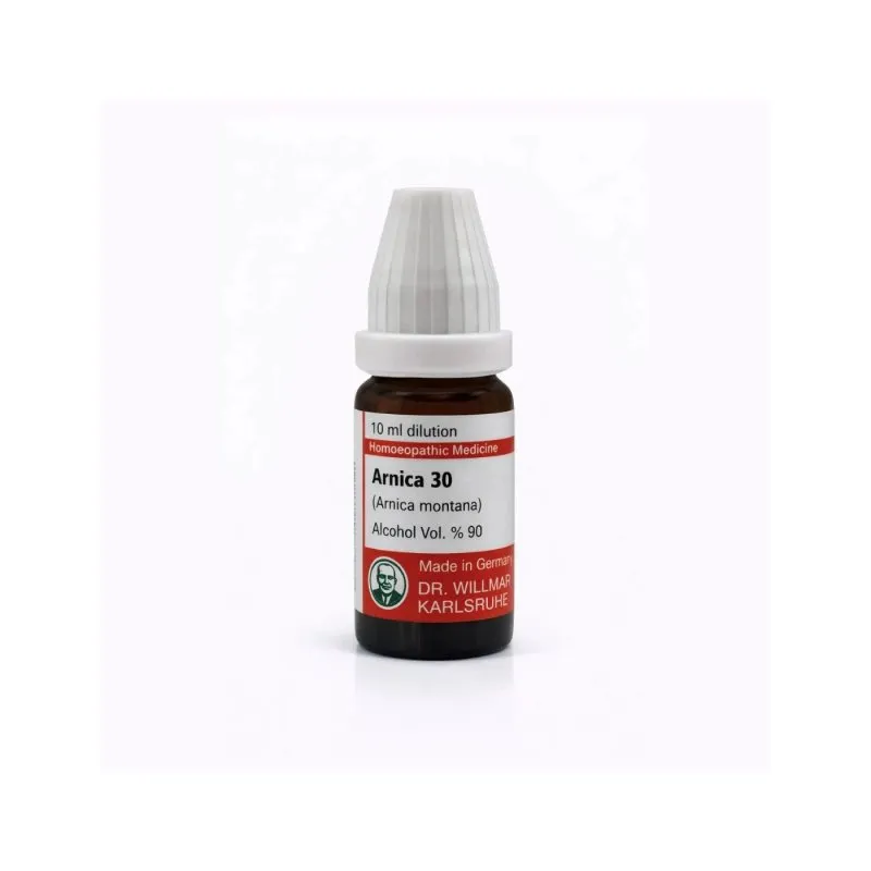 Arnica Montana 10ml homeopathic dilutions and mother tincture bottle or pack on white background