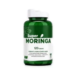 Super Moringa Tablets by Dr. Masood, original product packaging on a white background