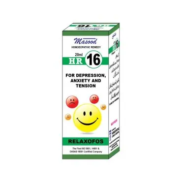 Dr. Masood HR-16 Relaxofos homeopathic drops 20 ml product package on a white background