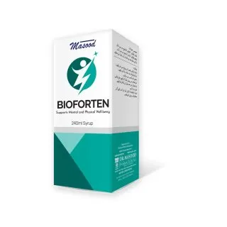 Bioforten Syrup 240 ml by Dr. Masood, original product carton on a white background
