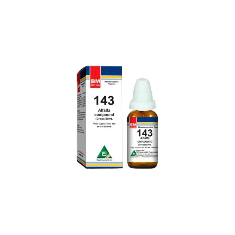 BM 143 Drops homeopathic drops on a pure white background