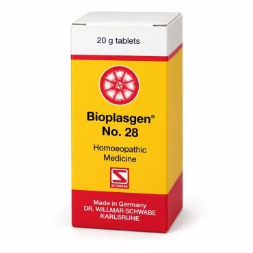 Bioplasgen No. 28 20g homeopathic combination tablets by Dr. Willmar Schwabe on a pure white studio background