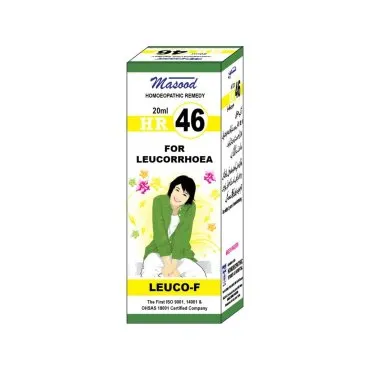 Dr. Masood HR-46 Leuco-F homeopathic drops 20 ml product package on a white background