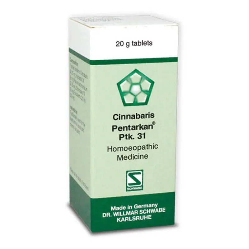Cinnabaris Pentarkan Ptk. 31 20g Tablets by Dr. Willmar Schwabe, original homeopathic packshot on white background