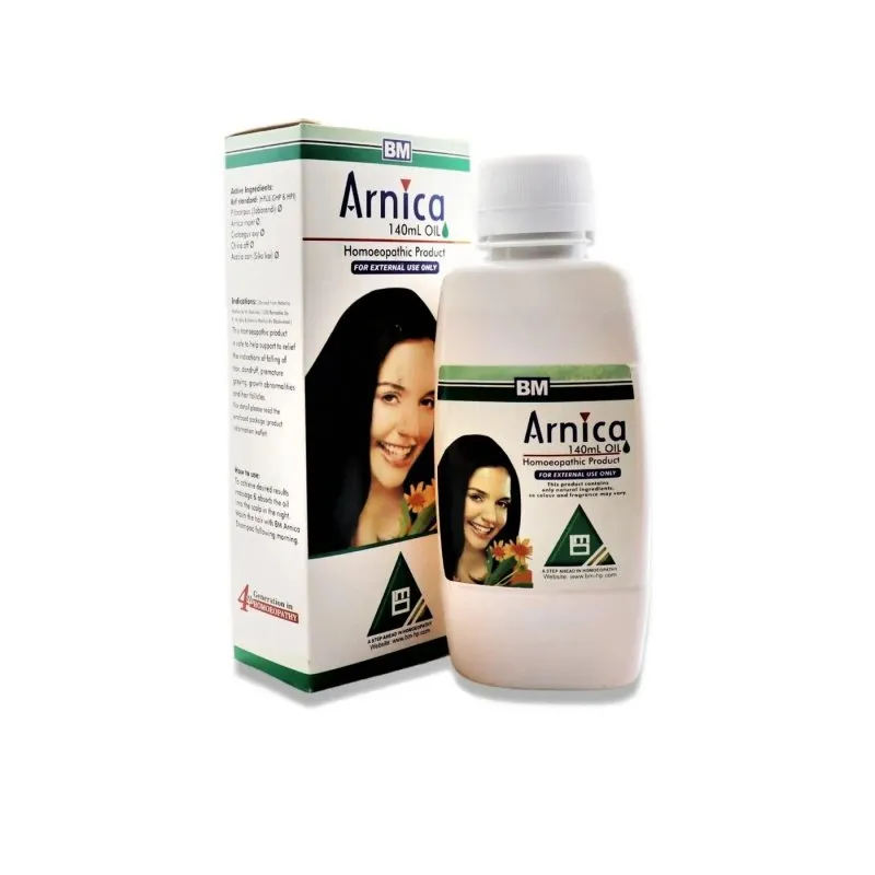 BM Arnica Hair OIl topical preparation on a pure white background