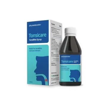 Tonsicare Tonsillitis Syrup by Paul Brooks, product pack on a white background