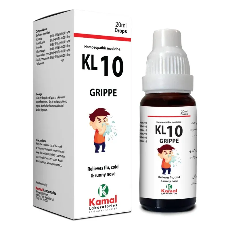 KL 10 (GRIPPE ) 20 ml, Kamal Laboratories product pack on a white background