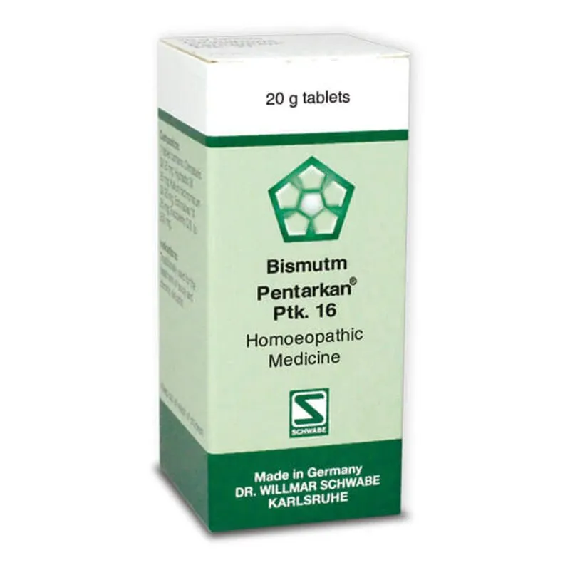 Bismutum Pentarkan Ptk. 16 20g Tablets by Dr. Willmar Schwabe, original homeopathic packshot on white background