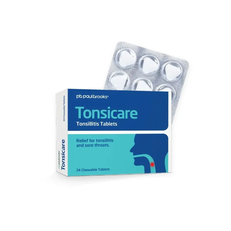 Tonsicare Tonsillitis Tablets by Paul Brooks, product pack on a white background