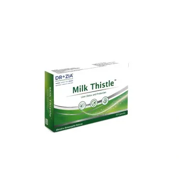 Milk Thistle Capsules by Dr Zia Pharma, product pack centered on a white background