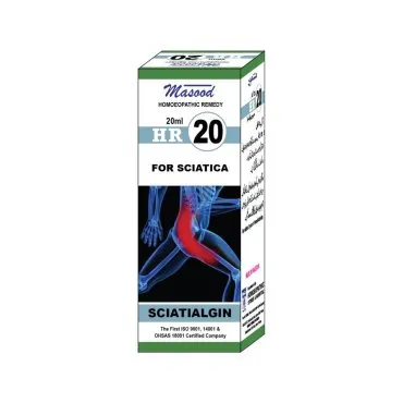 Dr. Masood HR-20 Sciatialgin homeopathic drops 20 ml product package on a white background