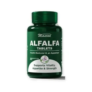 Alfalfa Tablets by Dr. Masood, original product packaging on a white background