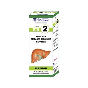Dr. Masood HR-02 Icteron homeopathic drops 60 ml product package on a white background